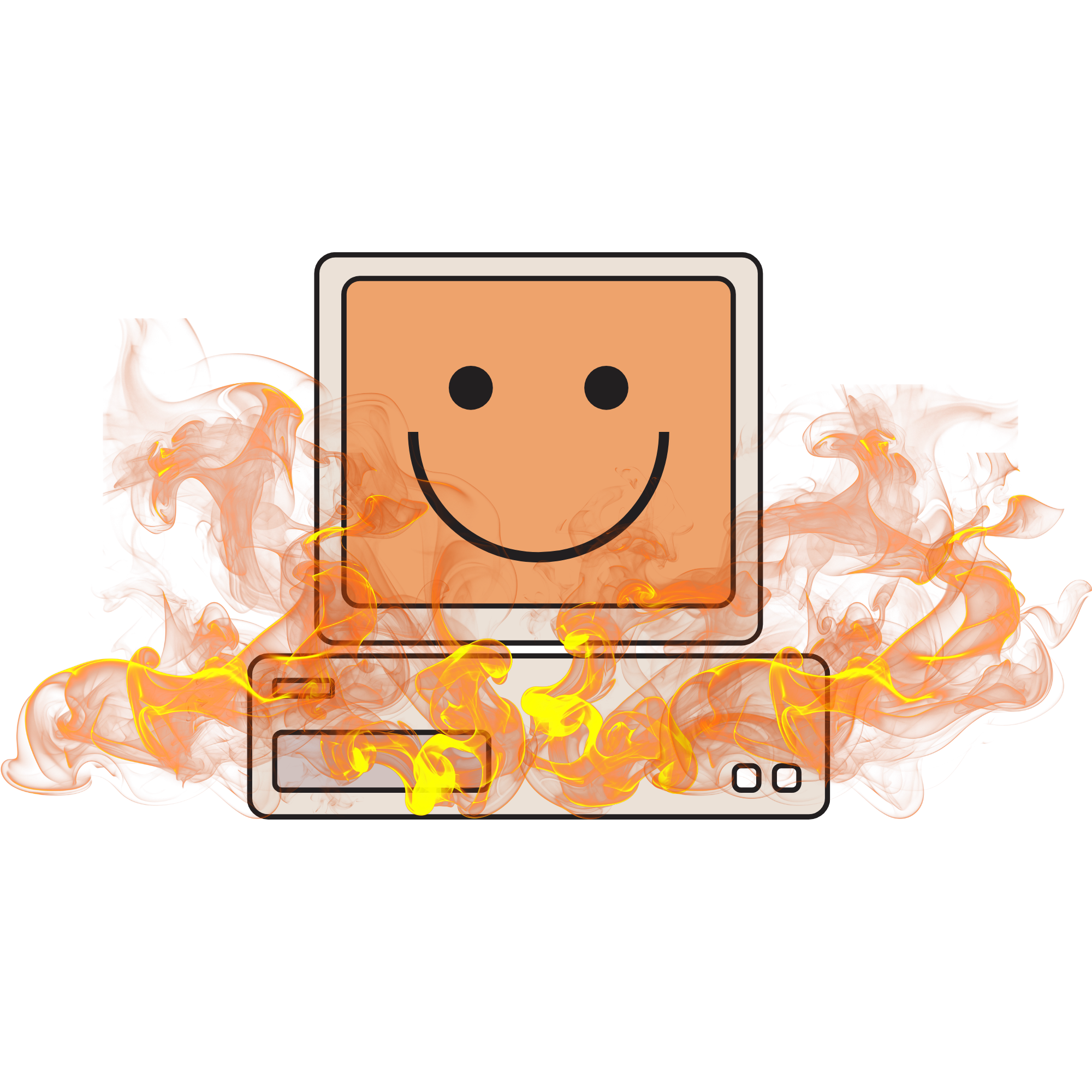 Smiling computer on fire