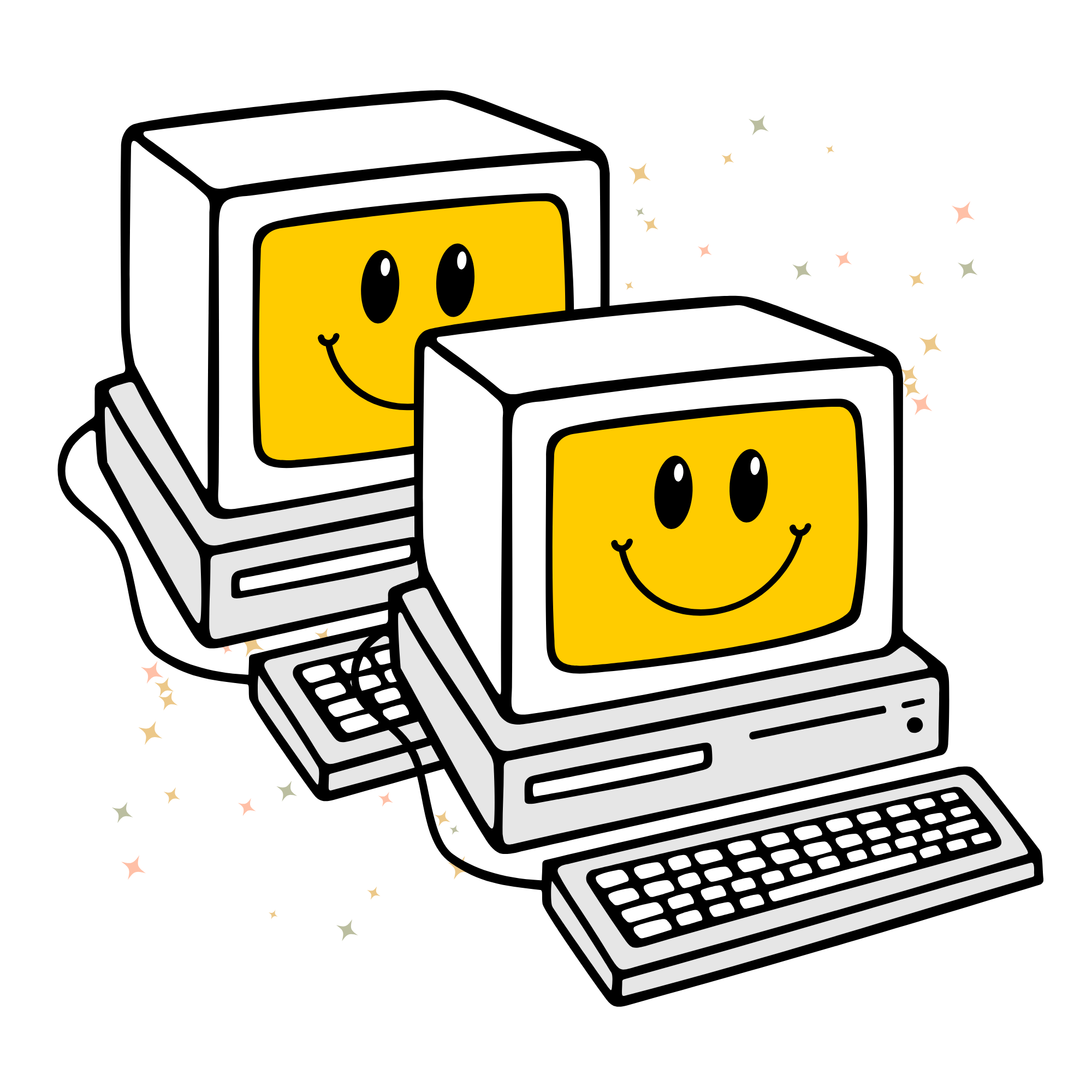 Two identical computers smile with stars framing them