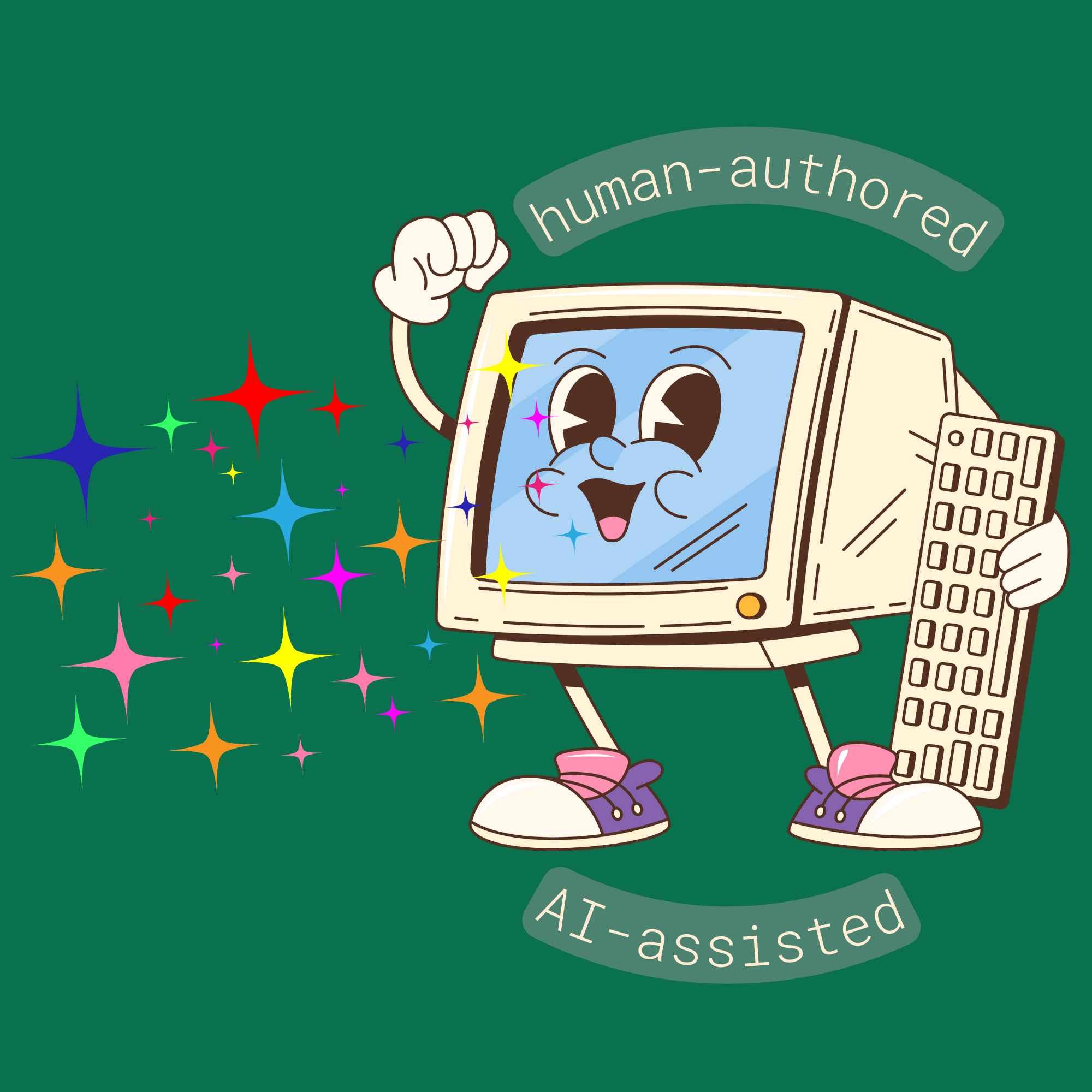 Computer speaks rainbow sparkles with text "human-authored, AI-assisted"